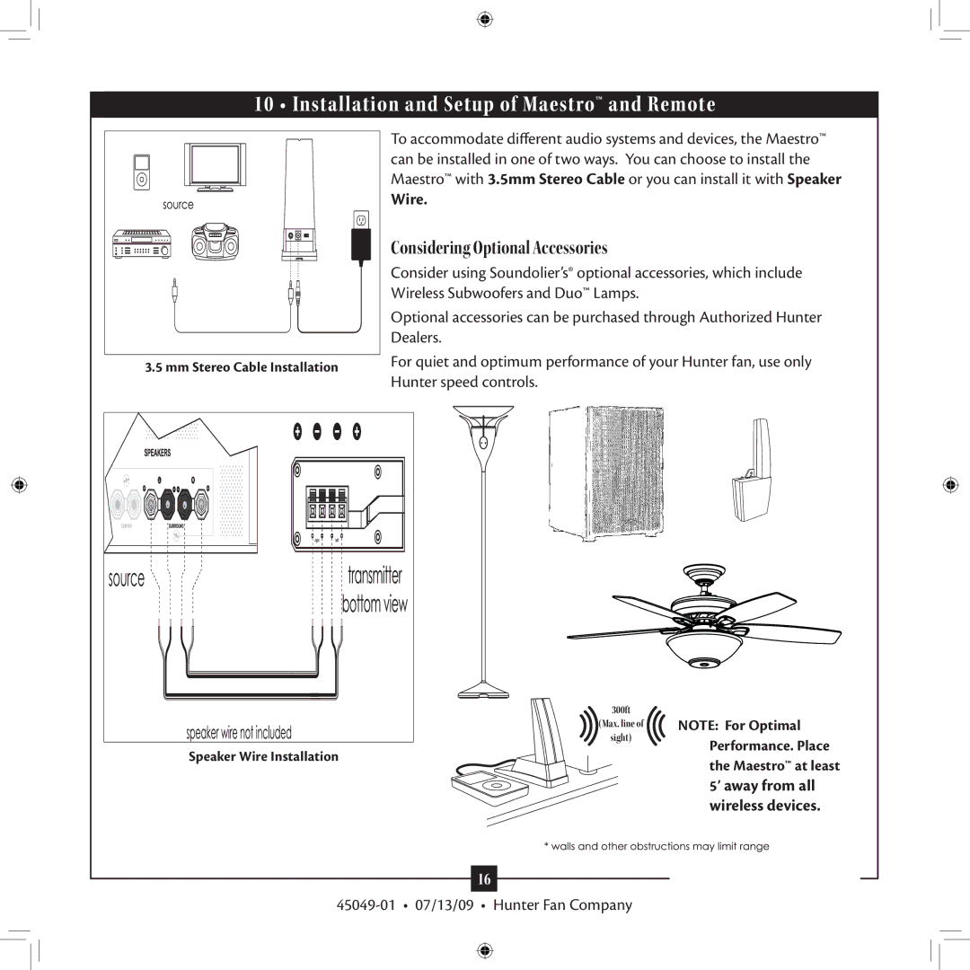 Hunter Fan 45049-01 Installation and Setup of Maestro and Remote, Wireless Subwoofers and Duo Lamps, Dealers 