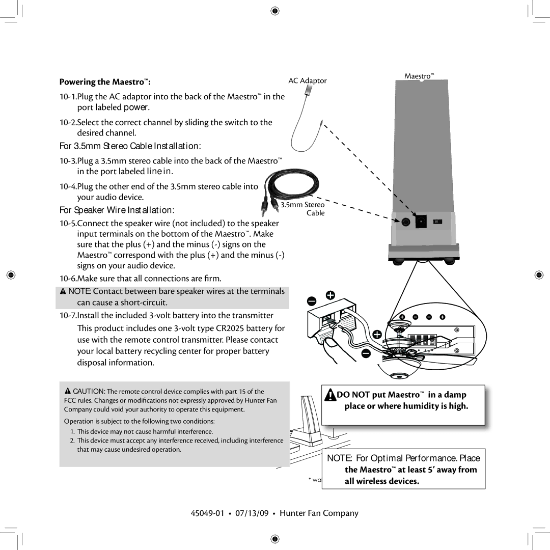 Hunter Fan 45049-01 Powering the Maestro, For 3.5mm Stereo Cable Installation, For Speaker Wire Installation 