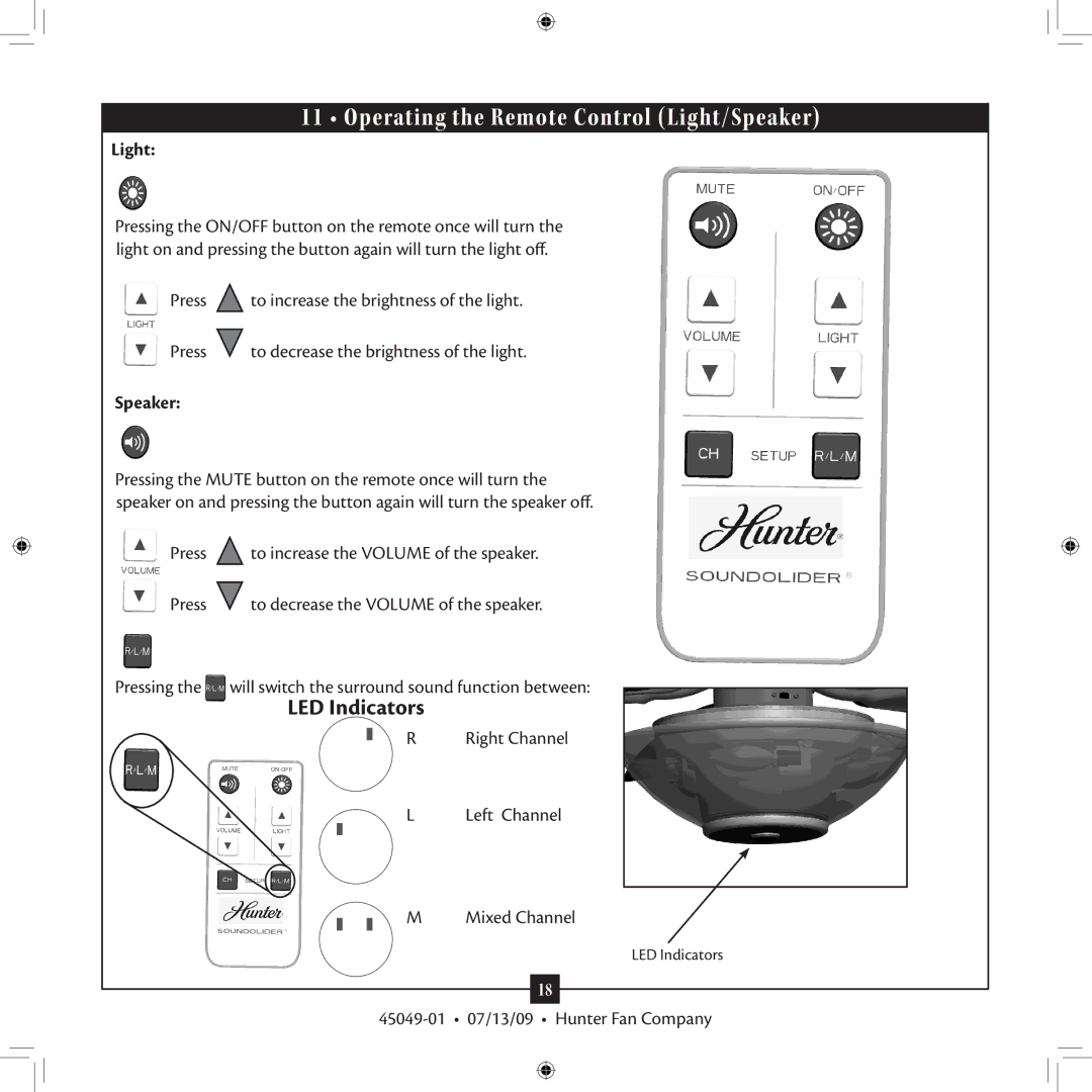 Hunter Fan 45049-01 Operating the Remote Control Light/Speaker, Right Channel Left Channel Mixed Channel 