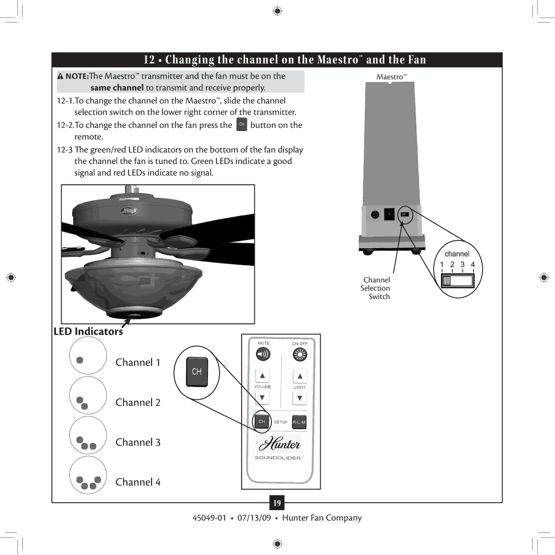 Hunter Fan 45049-01 installation manual Changing the channel on the Maestro and the Fan 