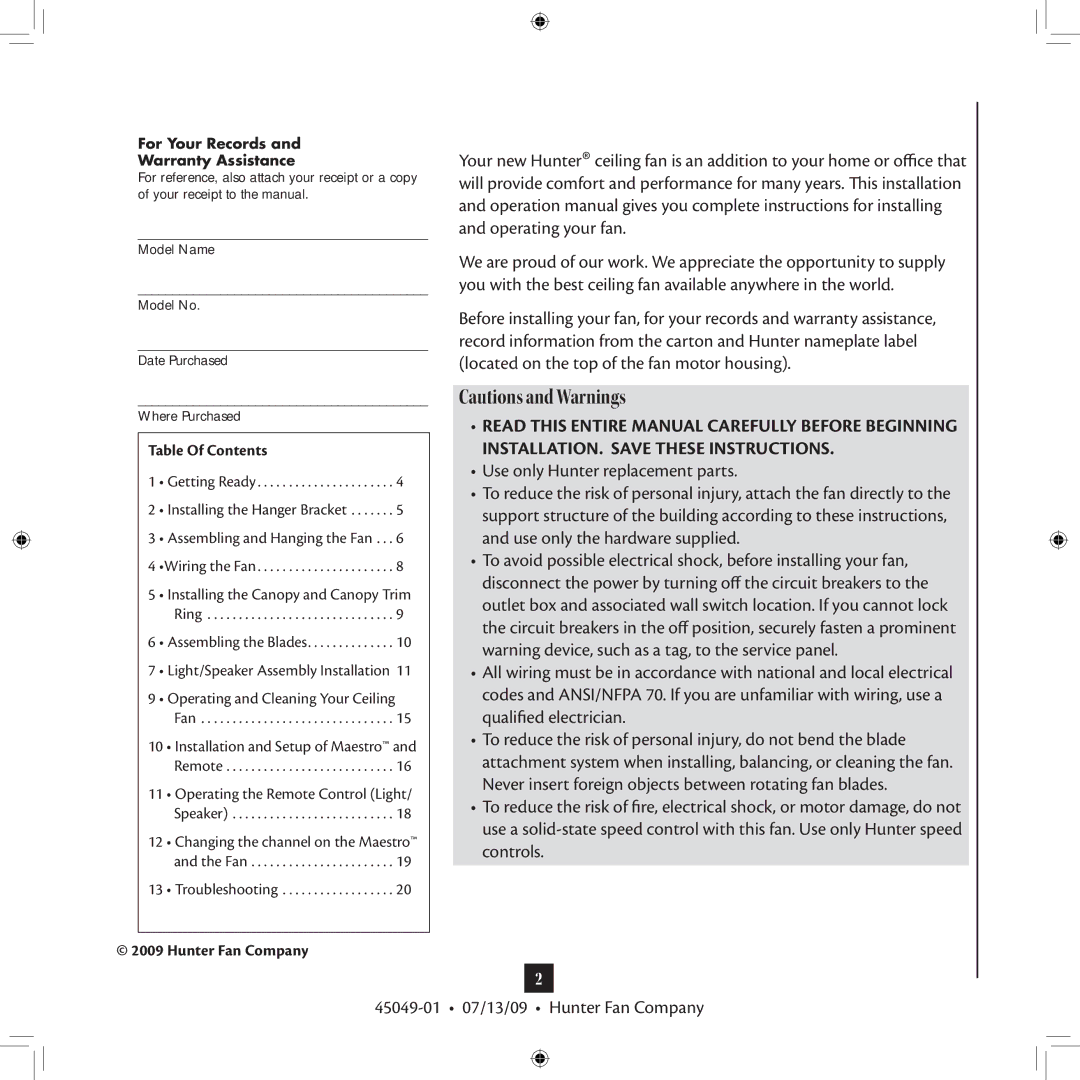 Hunter Fan installation manual 45049-01 07/13/09 Hunter Fan Company, Table Of Contents 