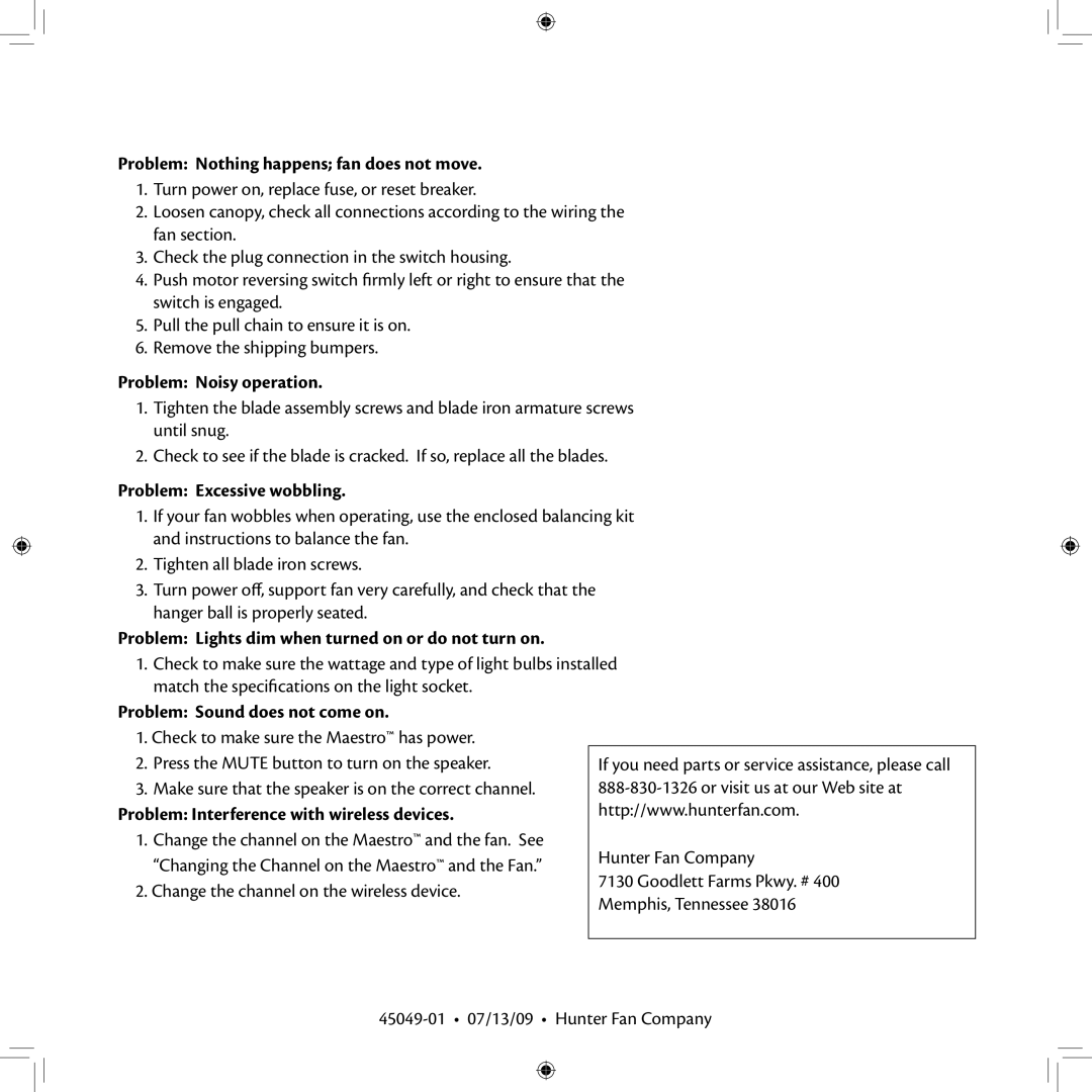 Hunter Fan 45049-01 installation manual Troubleshooting 