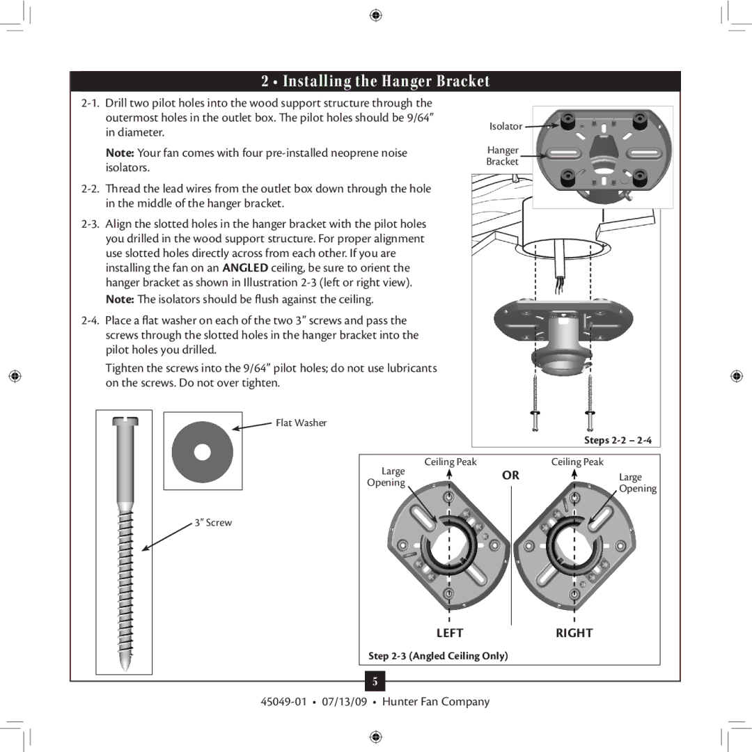 Hunter Fan 45049-01 installation manual Installing the Hanger Bracket 