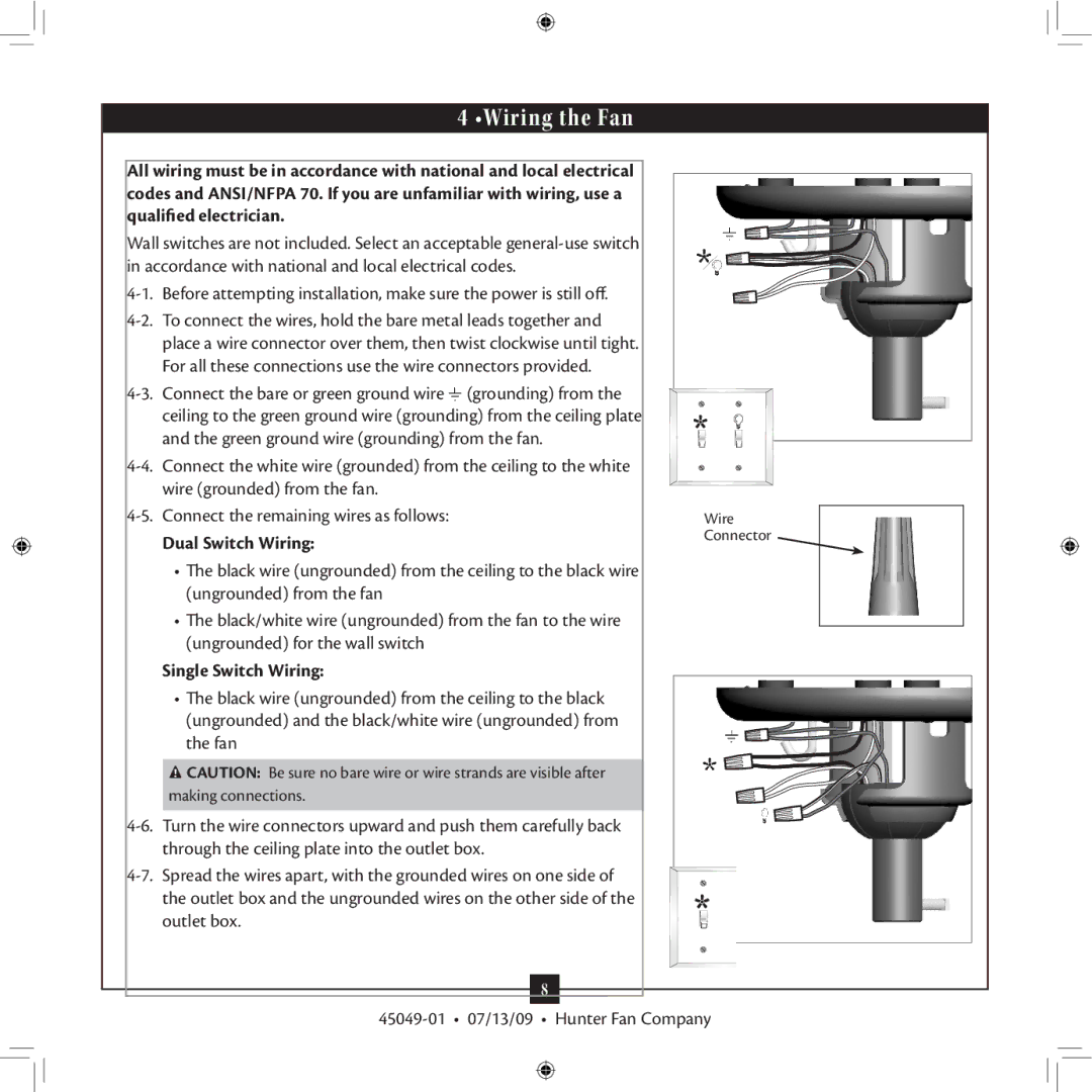 Hunter Fan 45049-01 installation manual Wiring the Fan, Dual Switch Wiring, Single Switch Wiring 