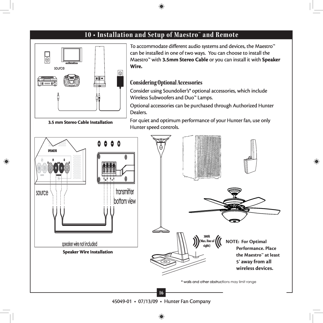 Hunter Fan 45049-01 Installation and Setup of Maestro and Remote, Wire, Considering Optional Accessories 