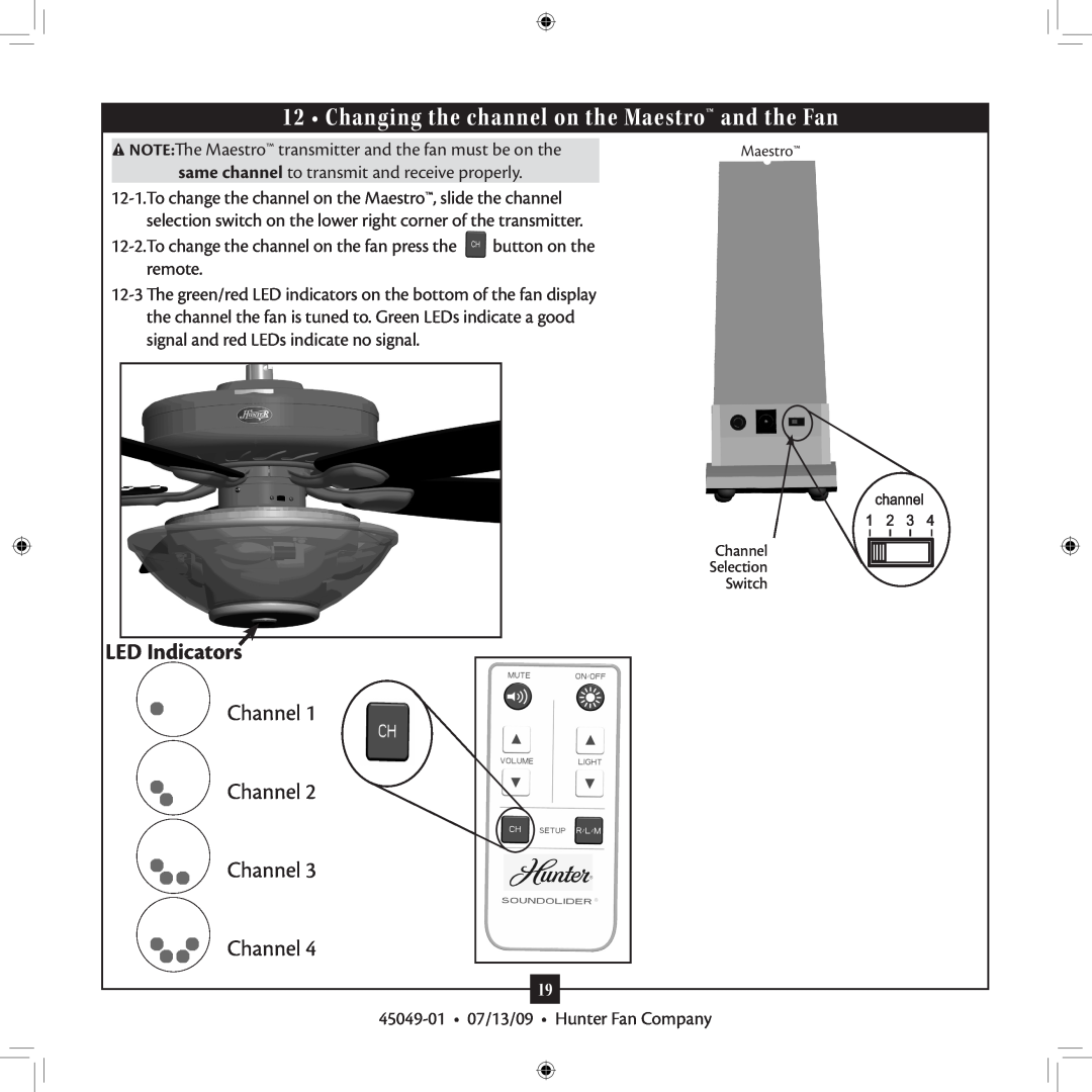 Hunter Fan 45049-01 installation manual LED Indicators, Channel Channel Channel Channel 