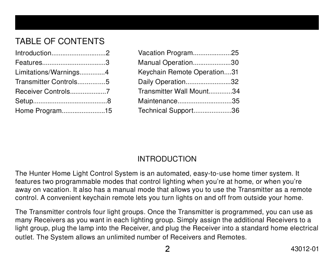 Hunter Fan 45051 operation manual Table of Contents 