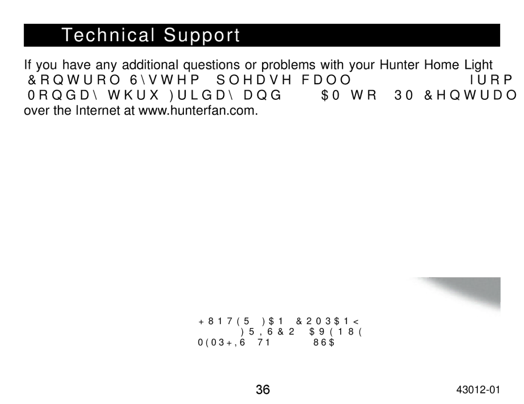 Hunter Fan 45051 operation manual Technical Support 