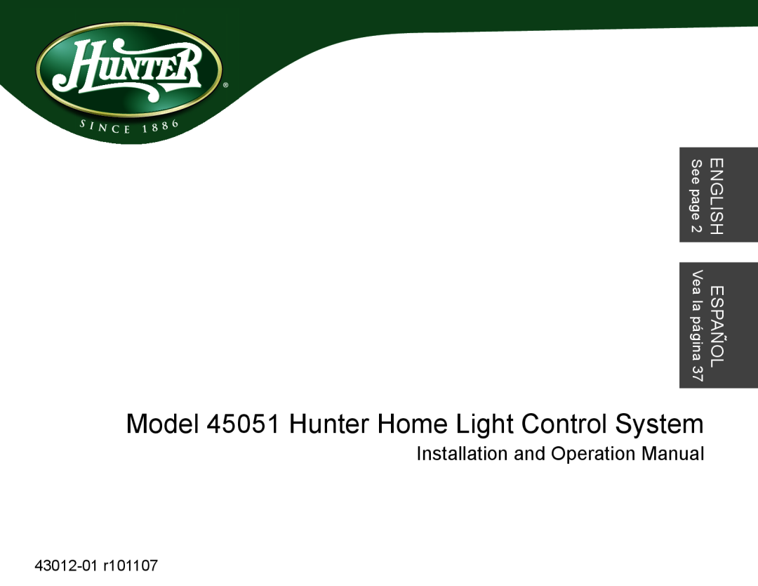 Hunter Fan operation manual Model 45051 Hunter Home Light Control System, See page 2 Vea la página, ENGLISHol spañE 
