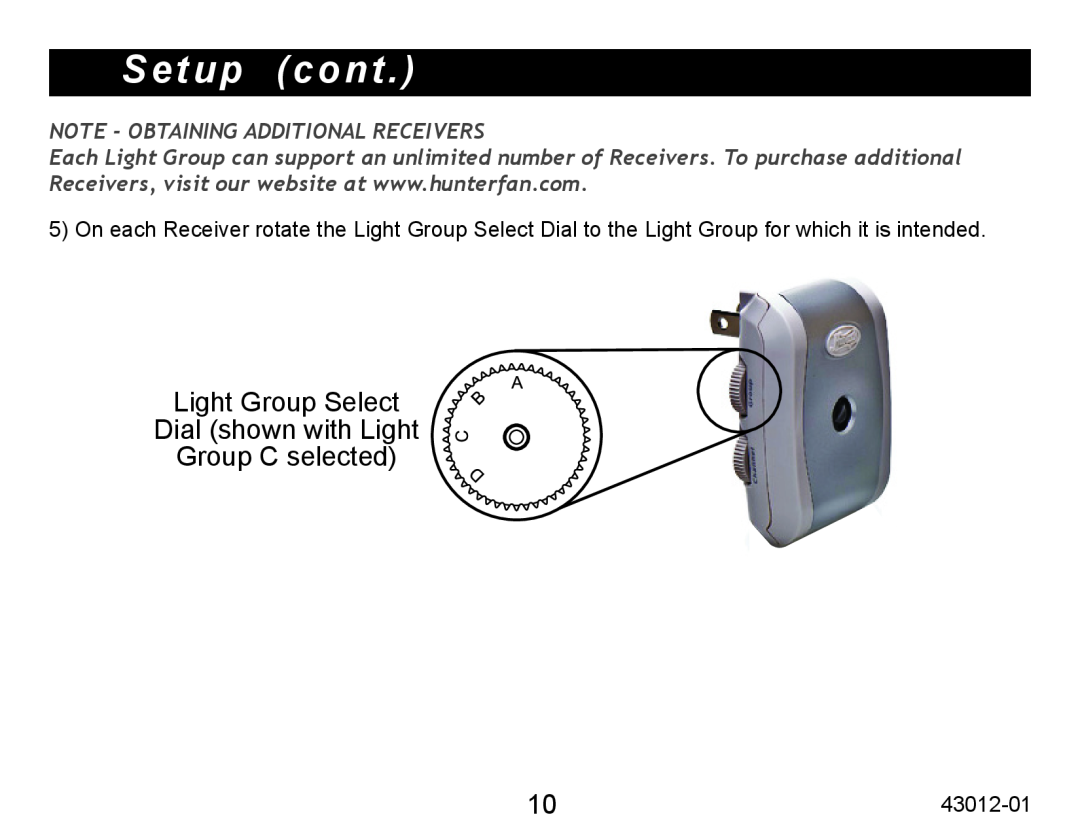 Hunter Fan 45051 operation manual Setup cont, Light Group Select Dial shown with Light, Group C selected 
