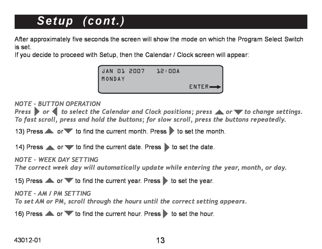 Hunter Fan 45051 operation manual Setup cont, Note - Button Operation, Note - Week Day Setting, Note - Am / Pm Setting 