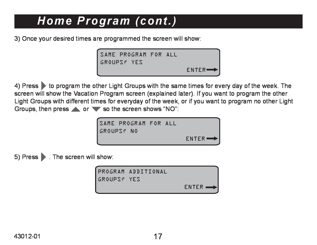 Hunter Fan 45051 operation manual Home Program cont, Same Program For All Groups? Yes Enter, Groups? No 