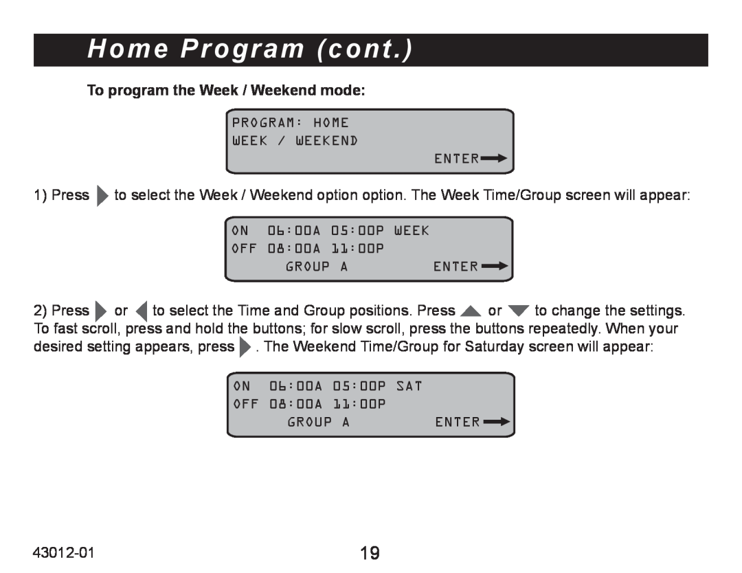Hunter Fan 45051 operation manual Home Program cont, To program the Week / Weekend mode 