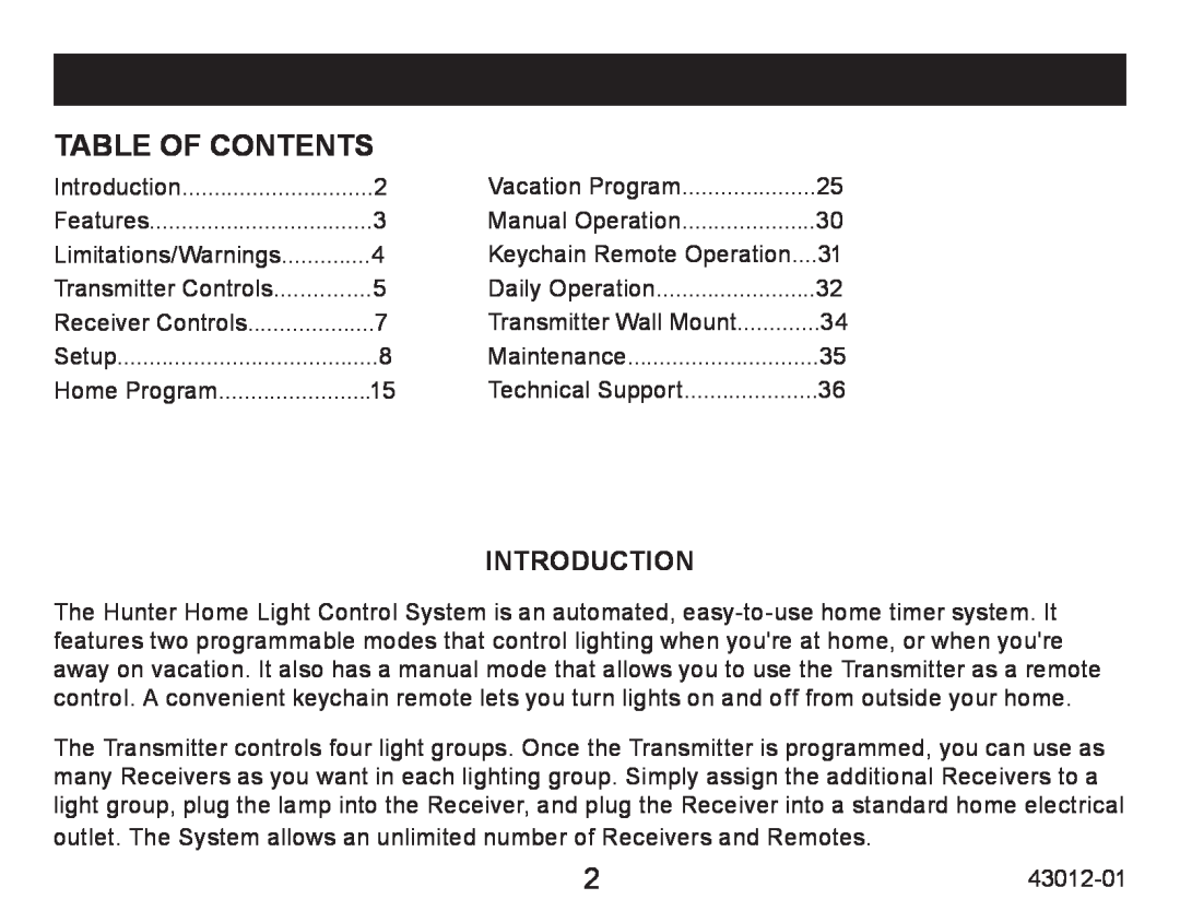 Hunter Fan 45051 operation manual Table Of Contents, introduction 