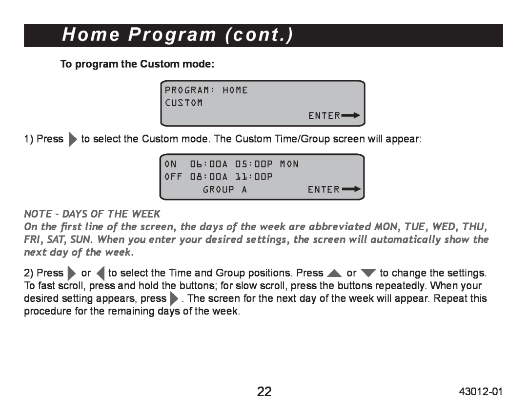 Hunter Fan 45051 operation manual Home Program cont, To program the Custom mode, Note - Days Of The Week 
