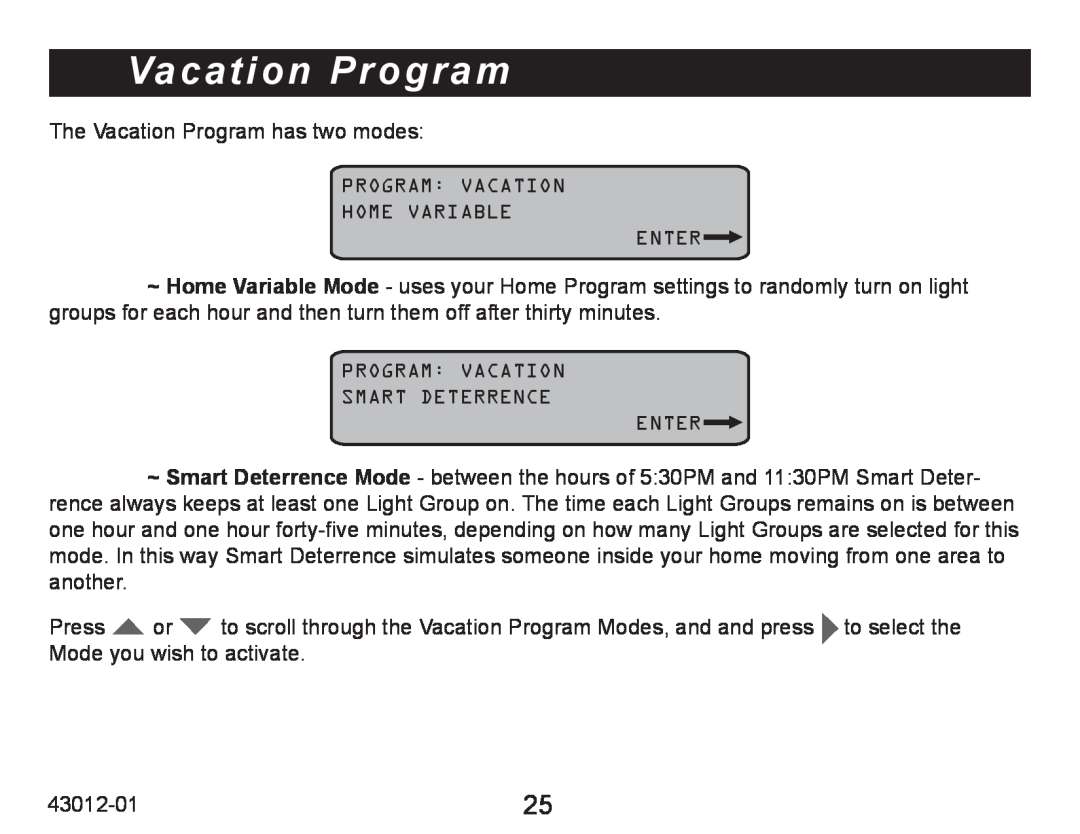 Hunter Fan 45051 operation manual Vacation Program 