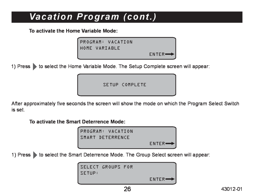 Hunter Fan 45051 Vacation Program cont, To activate the Home Variable Mode, To activate the Smart Deterrence Mode 