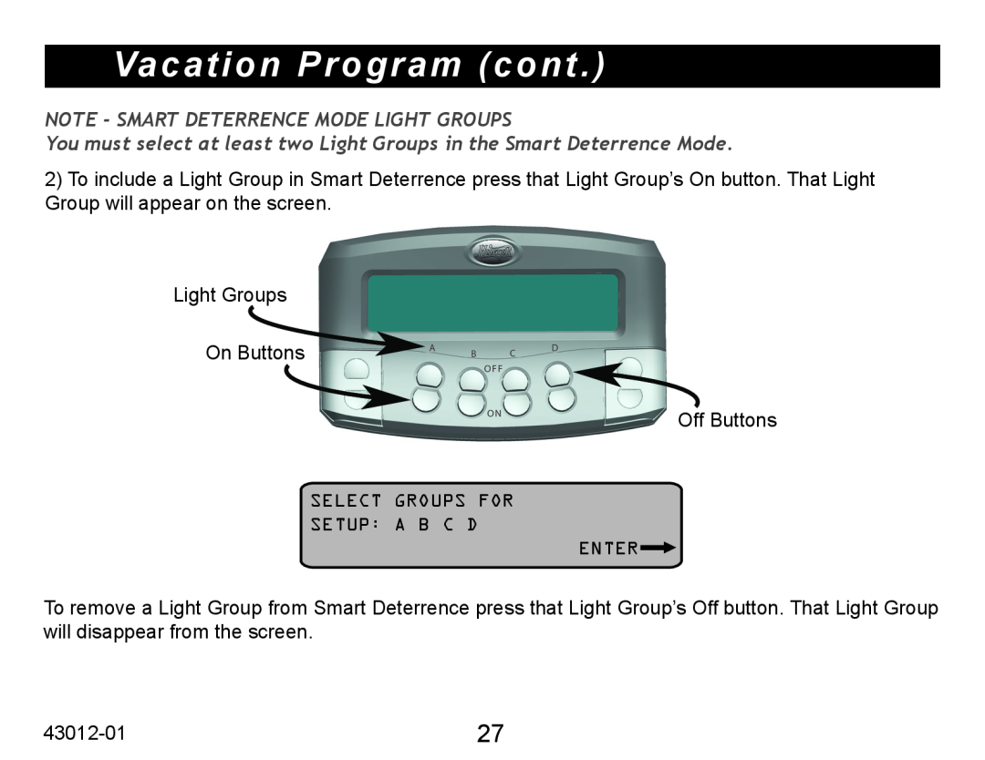 Hunter Fan 45051 operation manual Vacation Program cont, Note - Smart Deterrence Mode Light Groups 