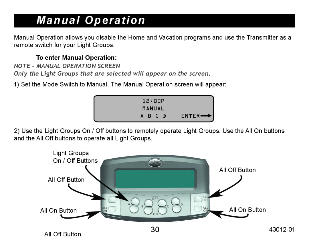 Hunter Fan 45051 operation manual To enter Manual Operation, Note - Manual Operation Screen 