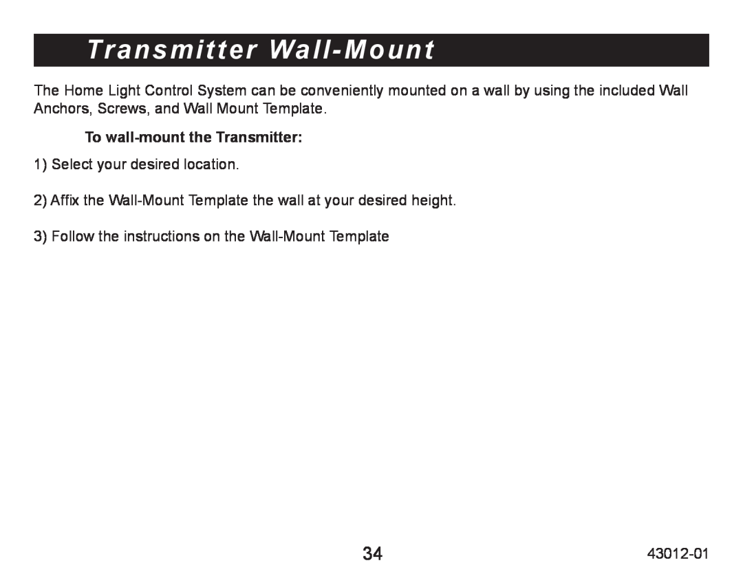 Hunter Fan 45051 operation manual Transmitter Wall-Mount, To wall-mountthe Transmitter 