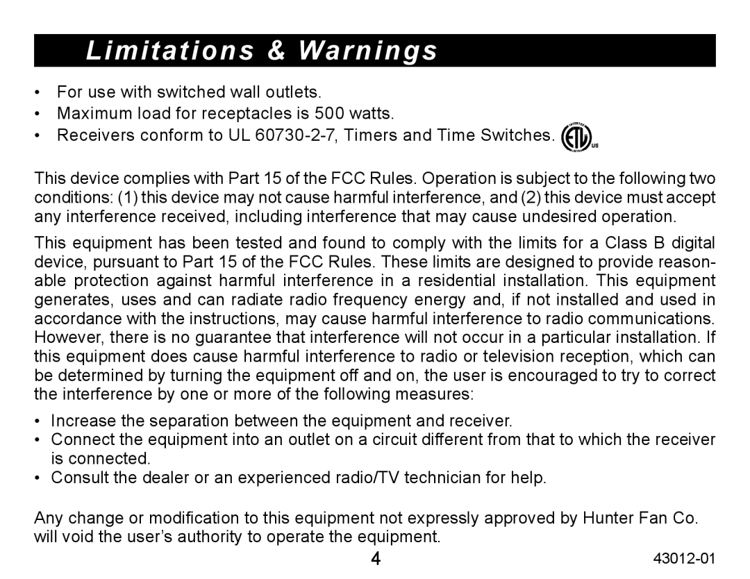 Hunter Fan 45051 operation manual Limitations & Warnings 