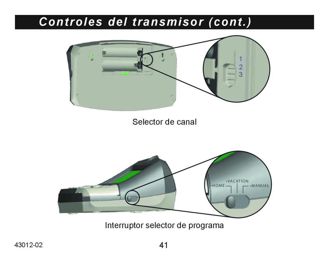 Hunter Fan 45051 Controles del transmisor cont, Selector de canal, Interruptor selector de programa, Vacation Homemanual 