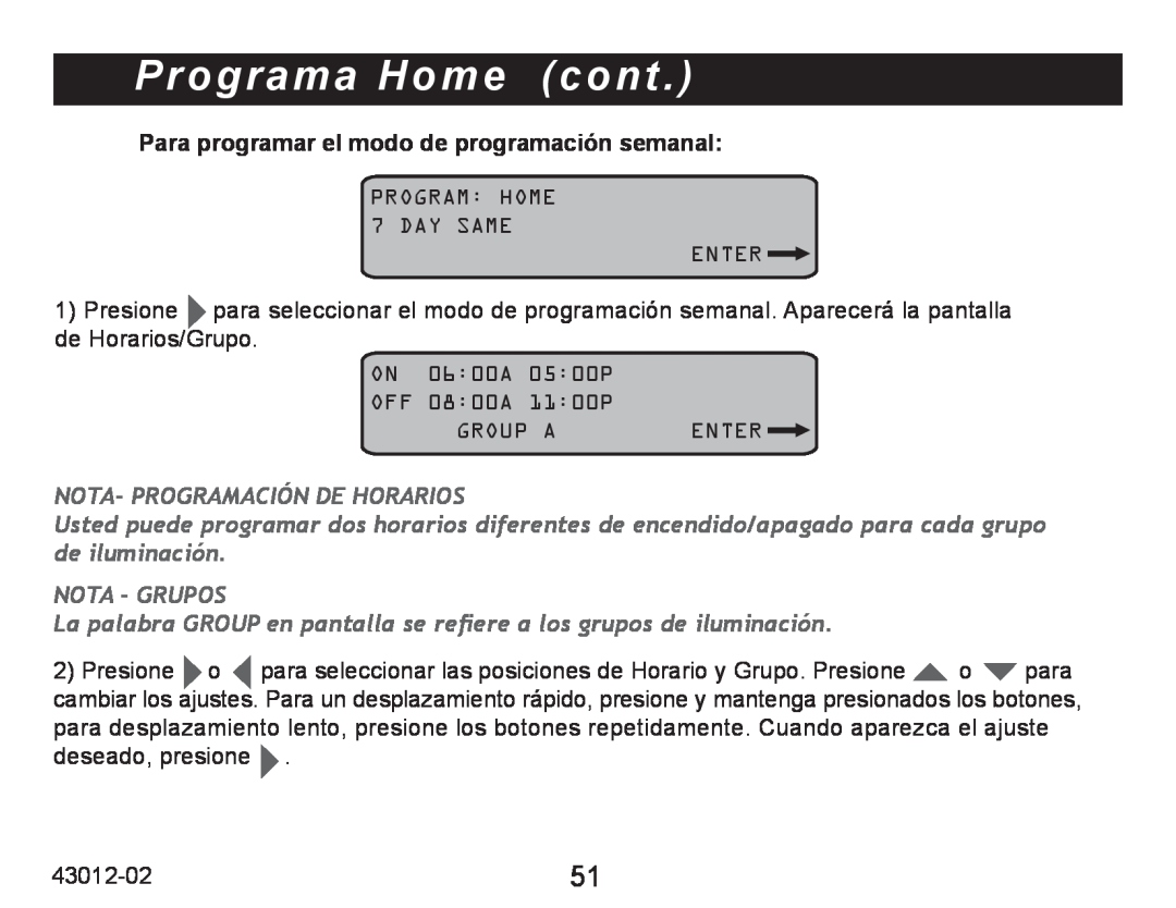 Hunter Fan 45051 Programa Home cont, Para programar el modo de programación semanal, Nota- Programación De Horarios 
