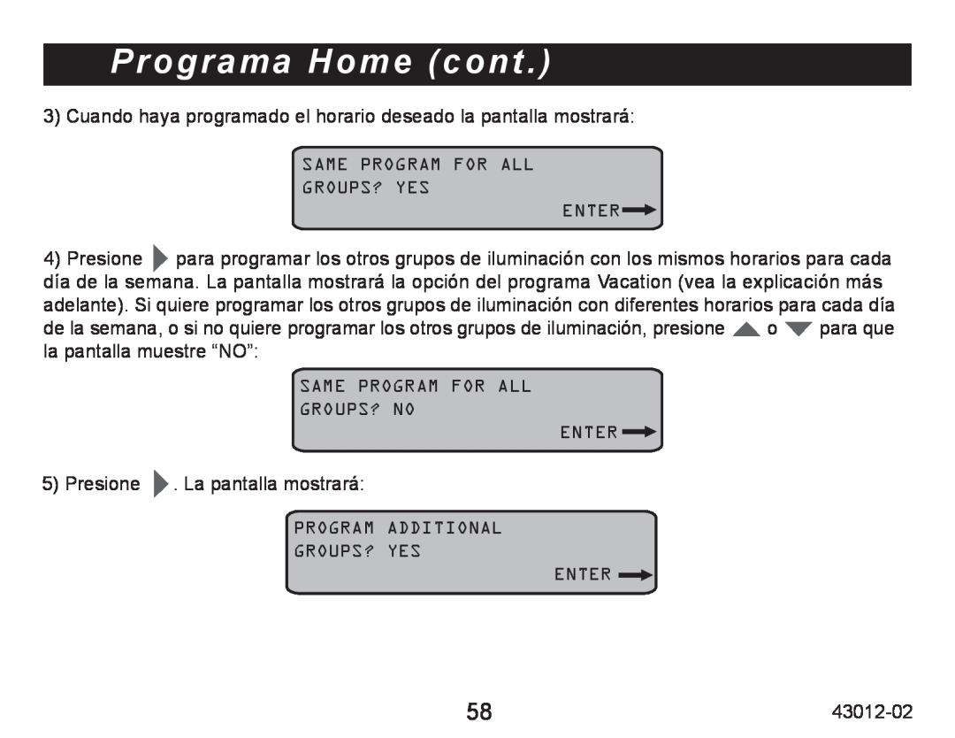 Hunter Fan 45051 operation manual Programa Home cont, la pantalla muestre “NO” 