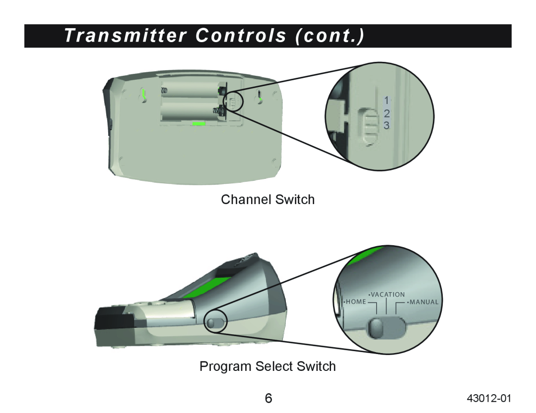 Hunter Fan 45051 operation manual Transmitter Controls cont, Channel Switch, Program Select Switch, Vacation Home Manual 
