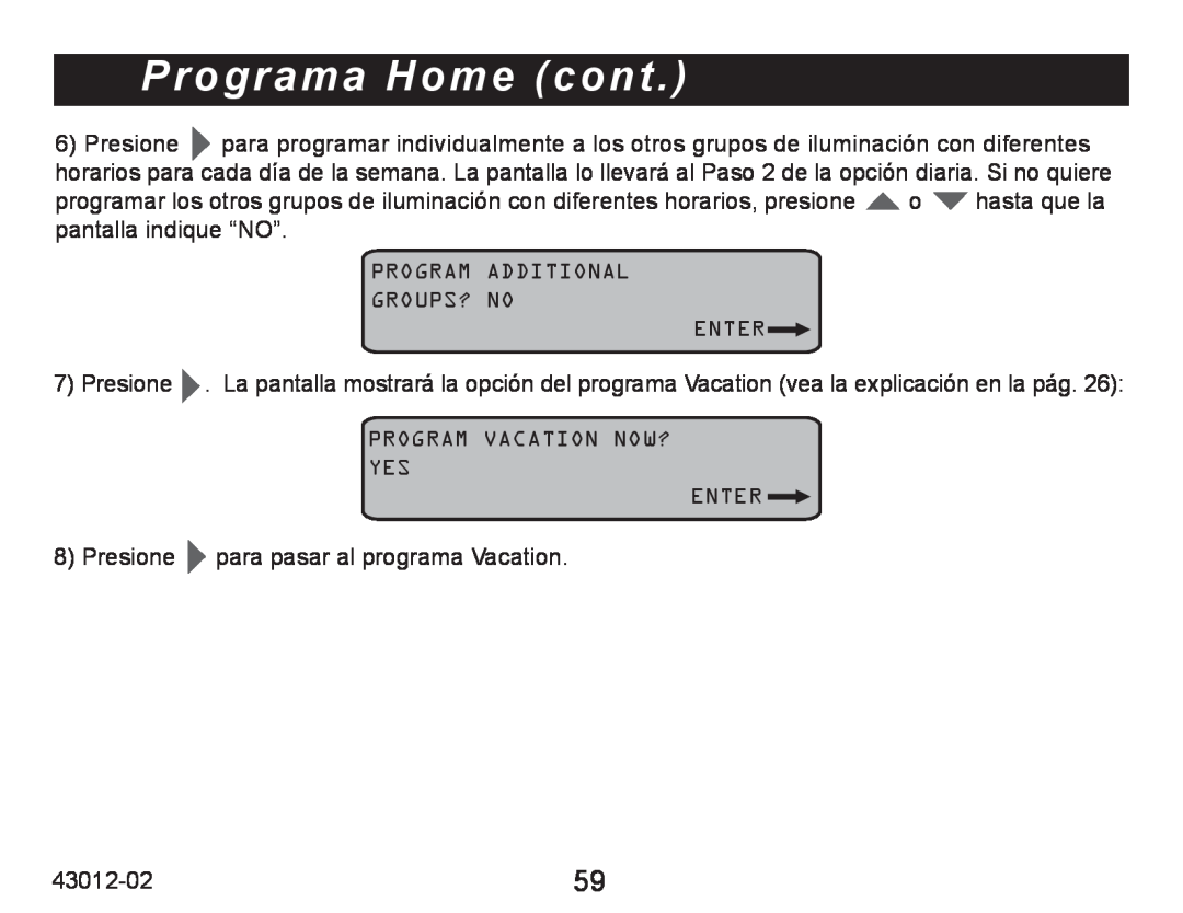 Hunter Fan 45051 operation manual Programa Home cont, pantalla indique “NO” 