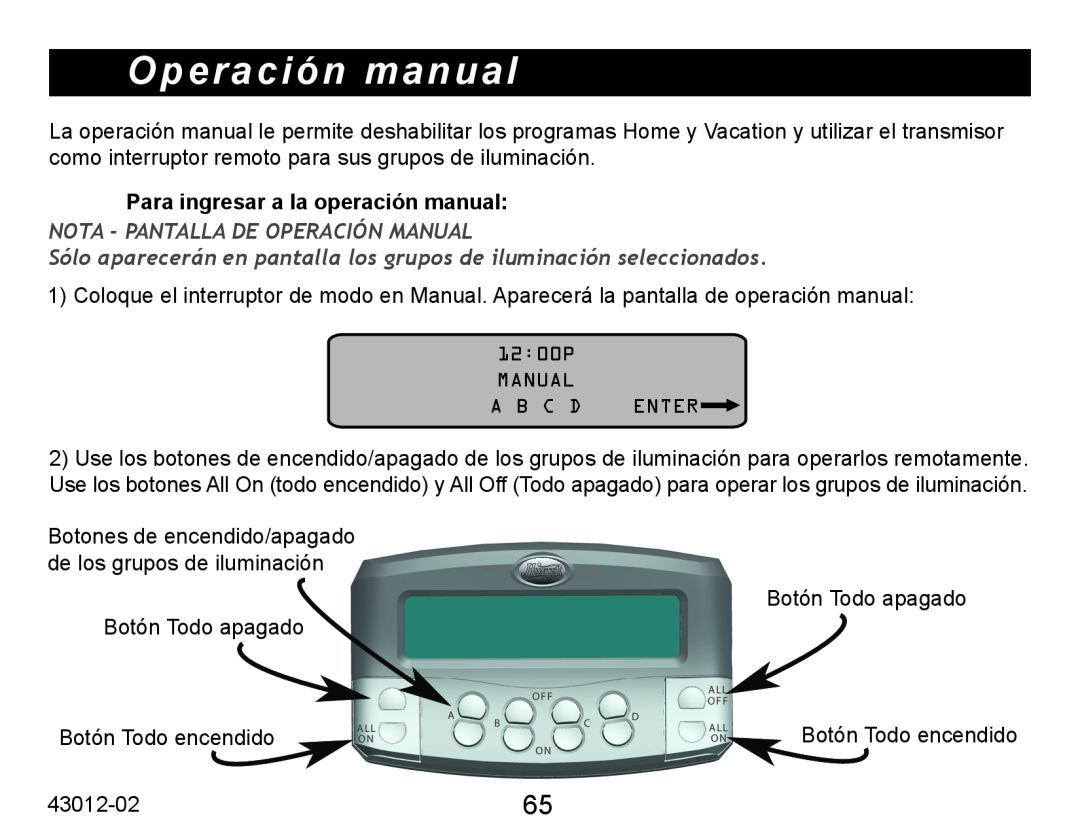 Hunter Fan 45051 Operación manual, Para ingresar a la operación manual, Nota - Pantalla De Operación Manual 