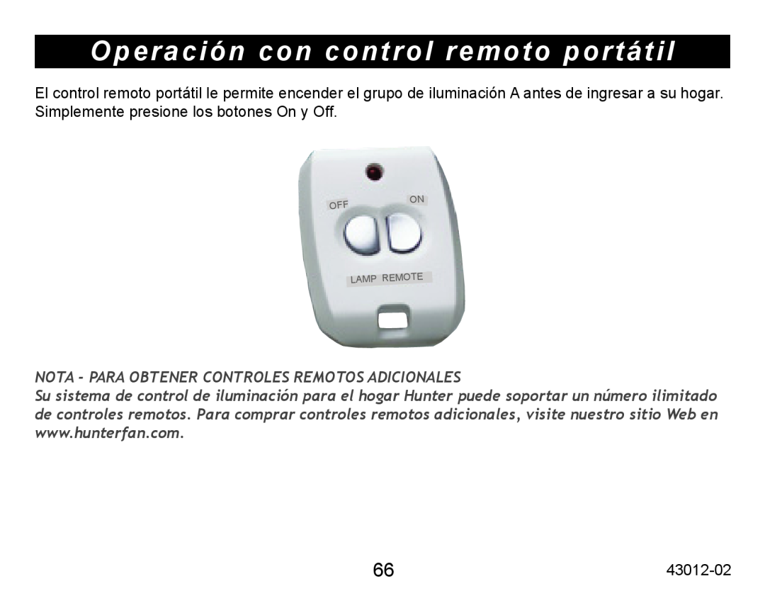 Hunter Fan 45051 operation manual Operación con control remoto portátil, Nota - Para Obtener Controles Remotos Adicionales 