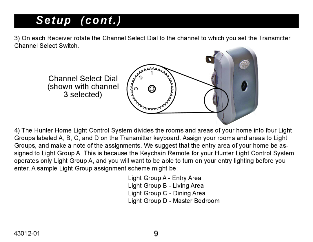 Hunter Fan 45051 operation manual Setup cont, Channel Select Dial shown with channel 3 selected 
