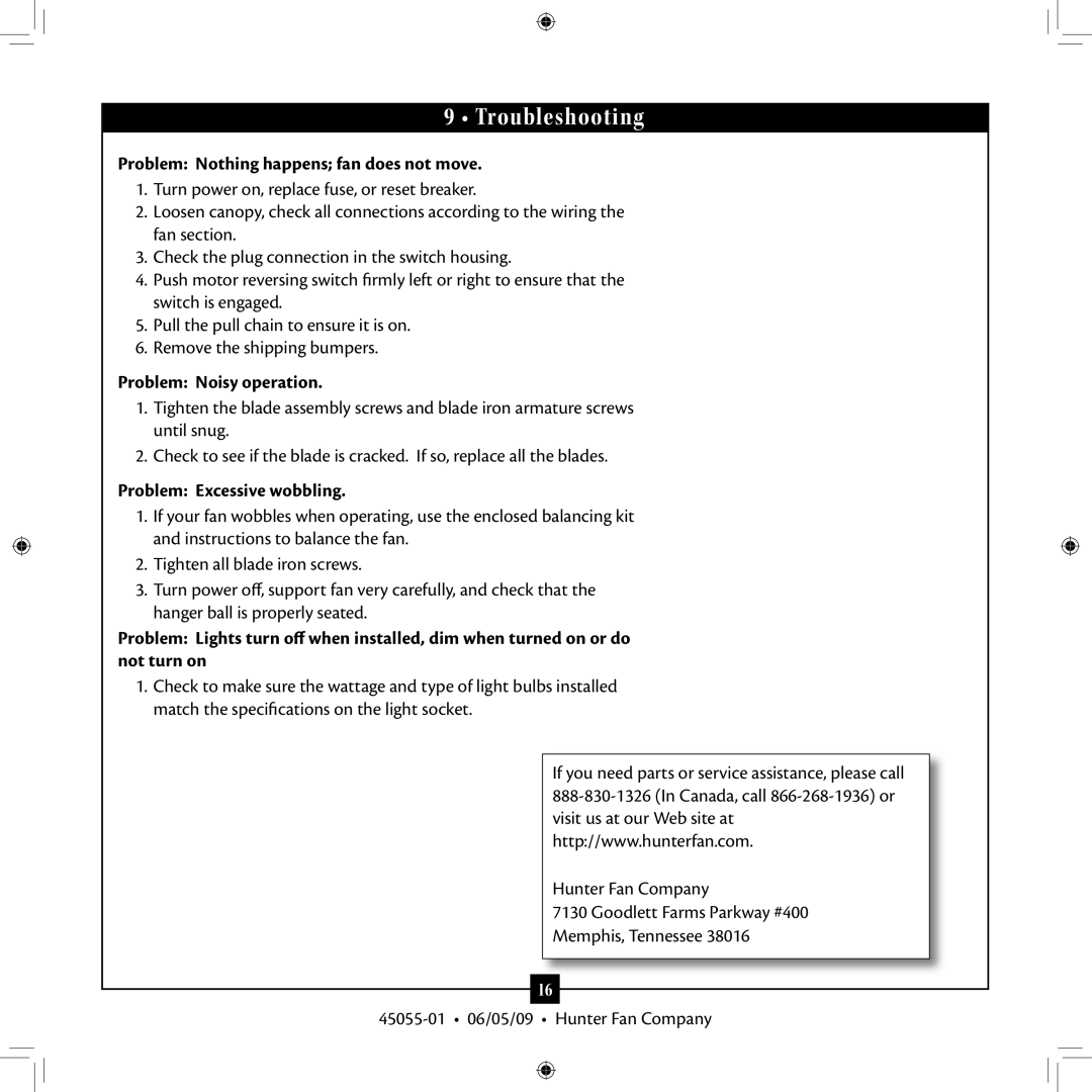 Hunter Fan 45055-01 installation manual Troubleshooting, Problem Nothing happens fan does not move, Problem Noisy operation 