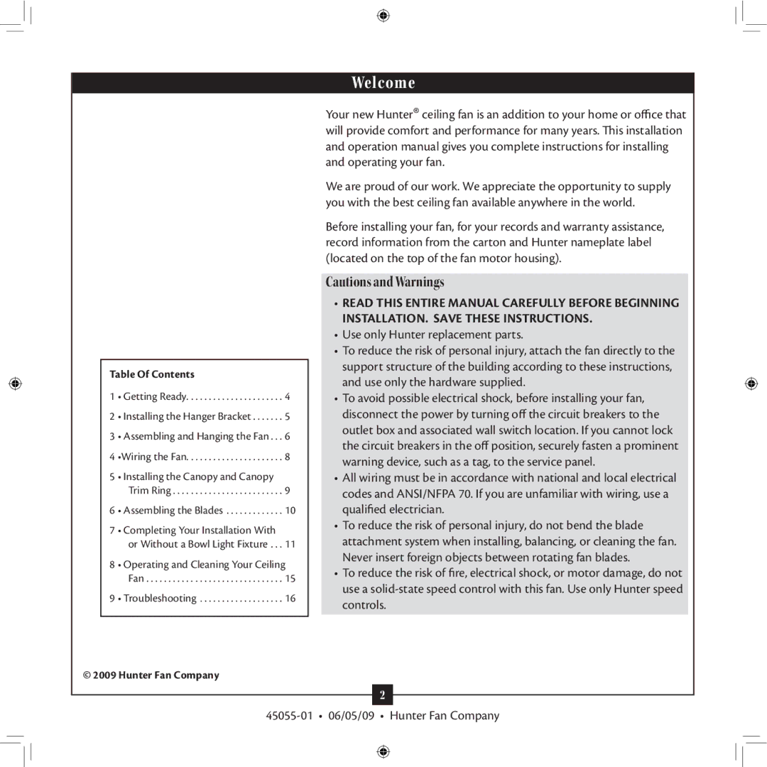 Hunter Fan 45055-01 installation manual Welcome 