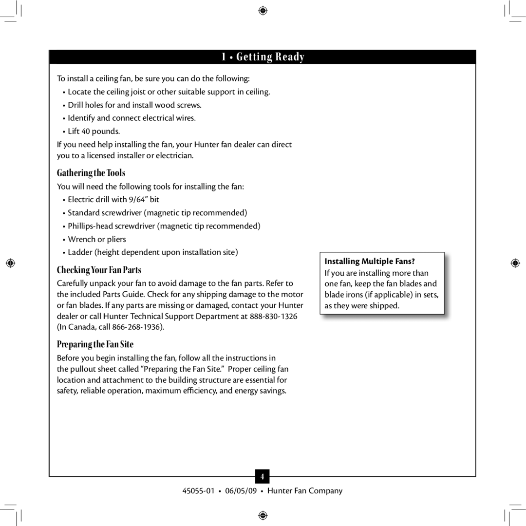 Hunter Fan 45055-01 installation manual Getting Ready, Installing Multiple Fans? 