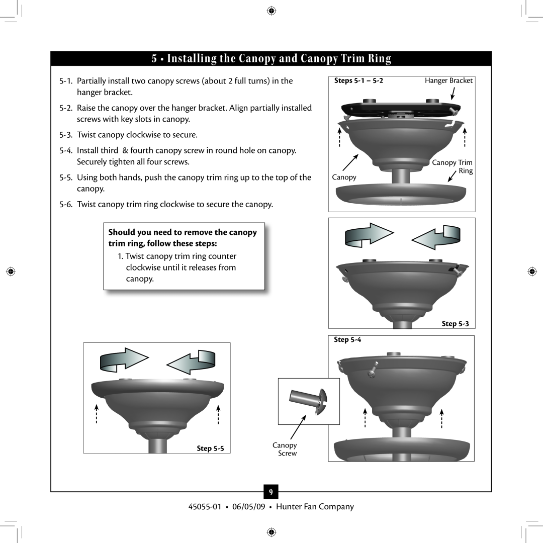 Hunter Fan 45055-01 installation manual Installing the Canopy and Canopy Trim Ring 