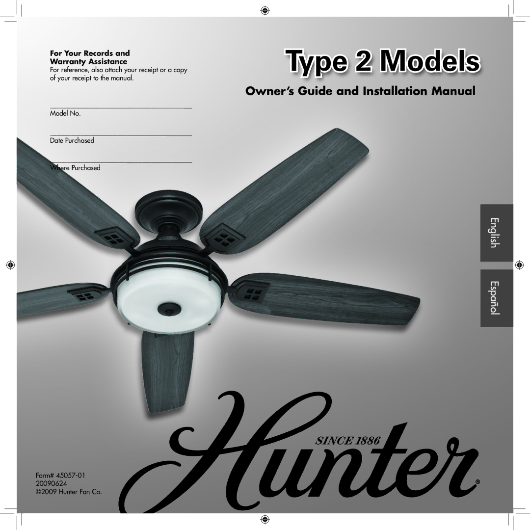 Hunter Fan 45057-01 installation manual Type 2 Models 