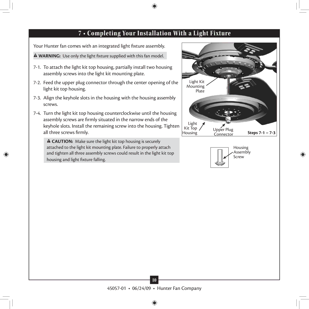 Hunter Fan 45057-01 installation manual Completing Your Installation With a Light Fixture 