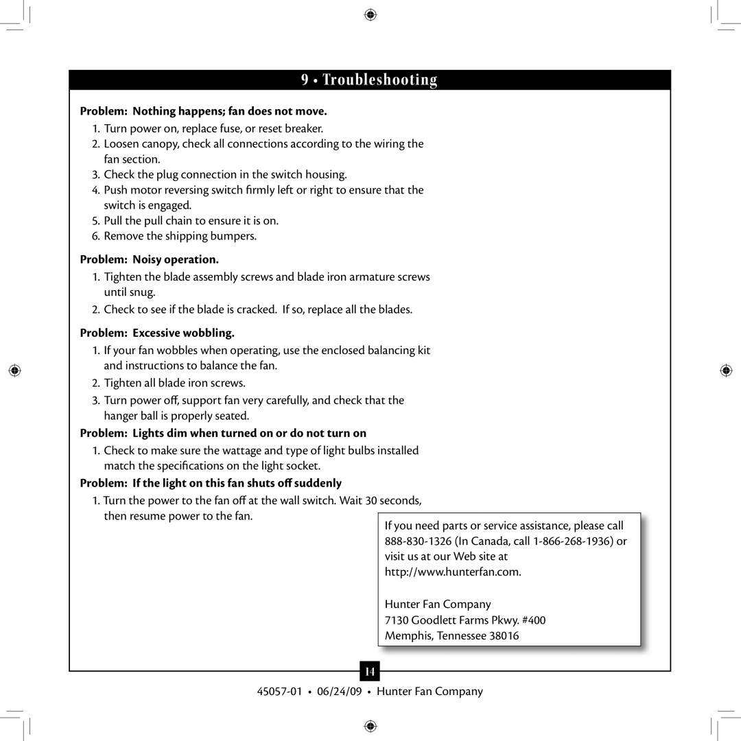 Hunter Fan 45057-01 installation manual Troubleshooting 