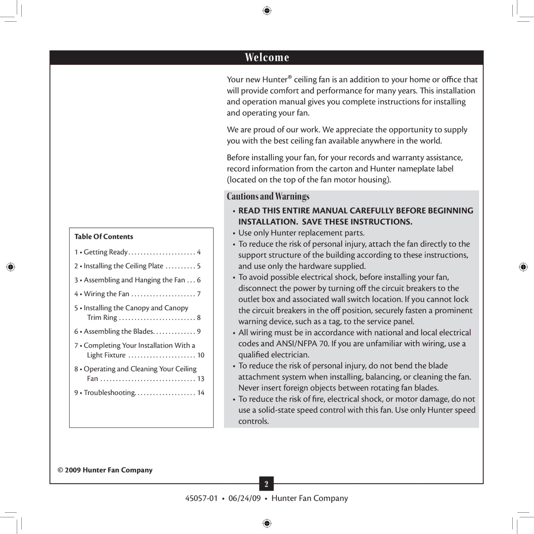 Hunter Fan 45057-01 installation manual Welcome 