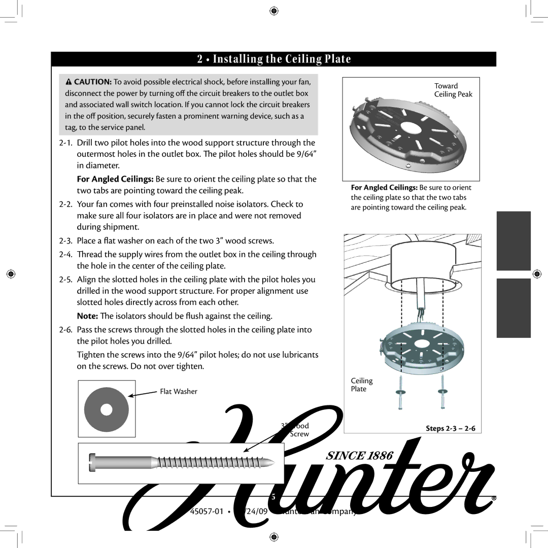 Hunter Fan 45057-01 installation manual Installing the Ceiling Plate, Flat Washer Wood Screw Toward Ceiling Peak 