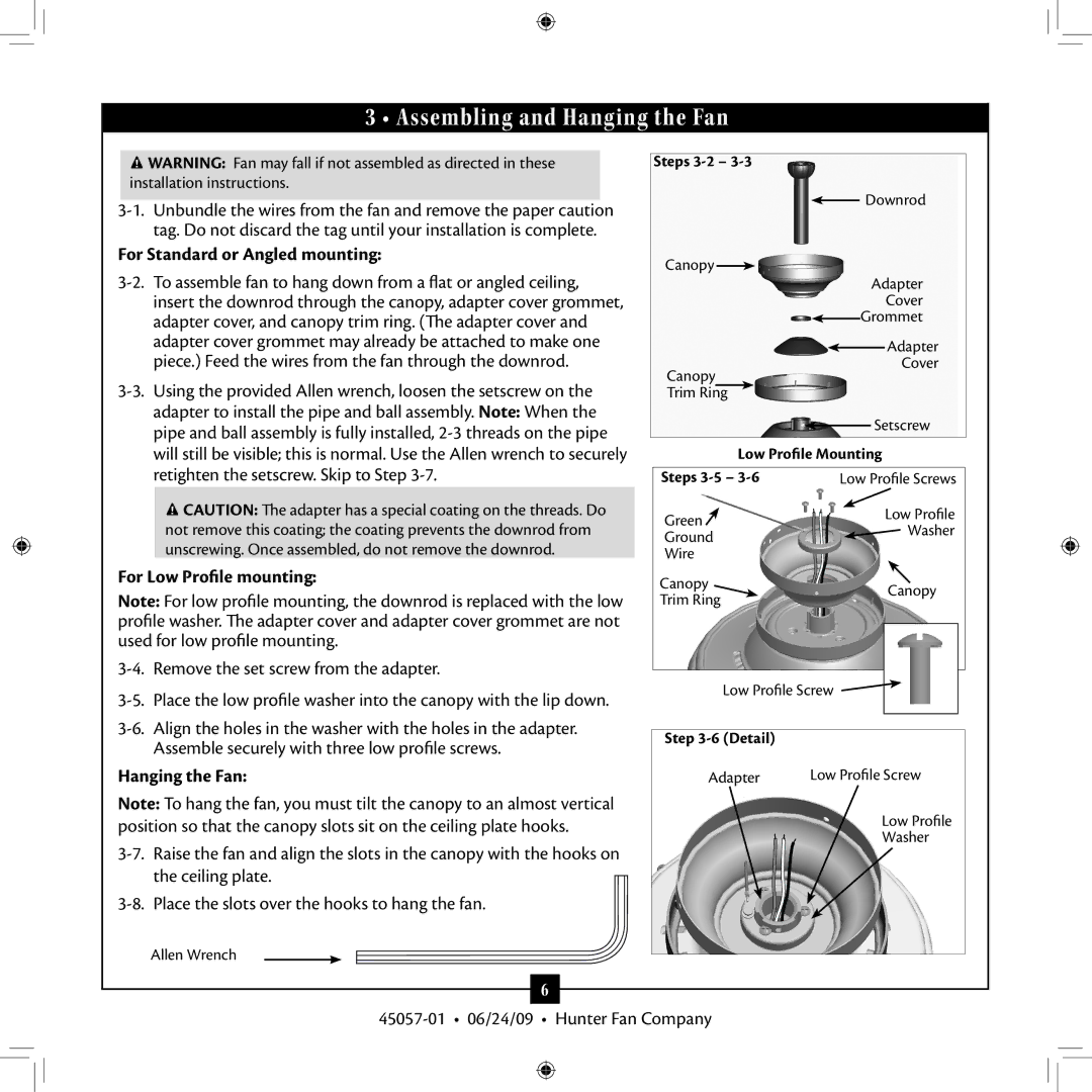 Hunter Fan 45057-01 Assembling and Hanging the Fan, For Standard or Angled mounting, For Low Profile mounting 