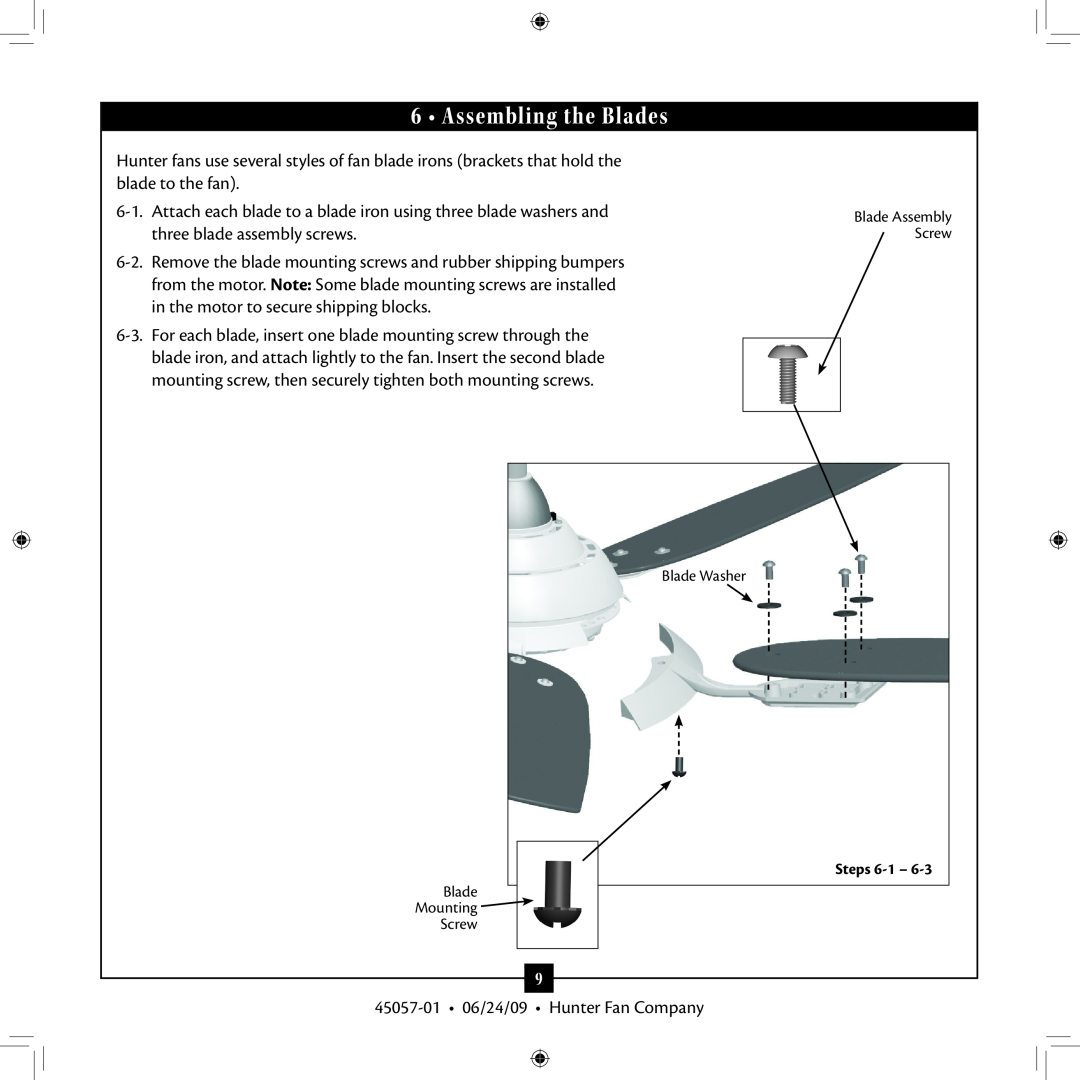 Hunter Fan 45057-01 installation manual Assembling the Blades 