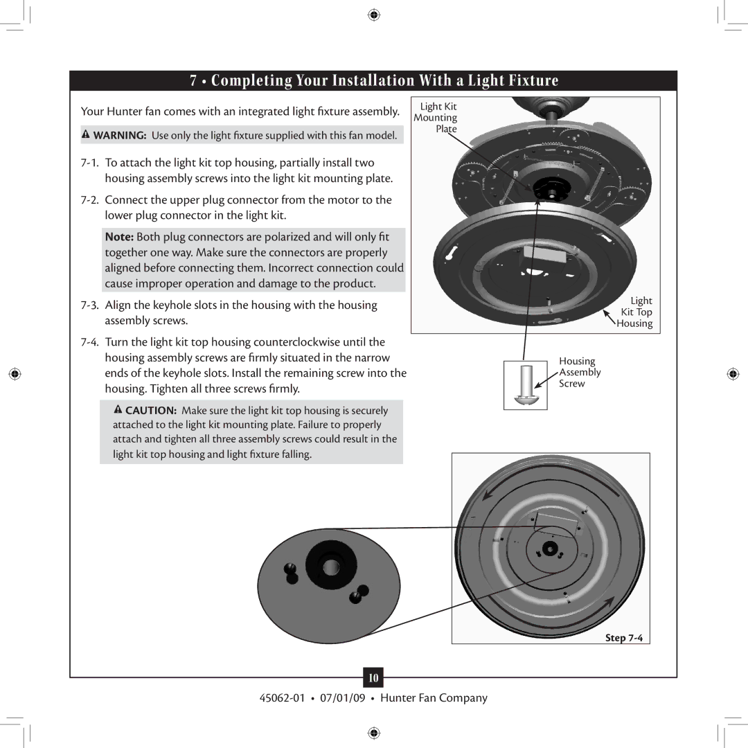 Hunter Fan 45062-01 installation manual Completing Your Installation With a Light Fixture 