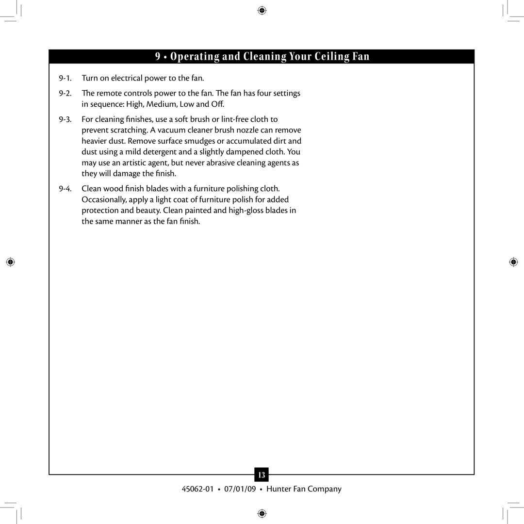 Hunter Fan 45062-01 installation manual Operating and Cleaning Your Ceiling Fan 