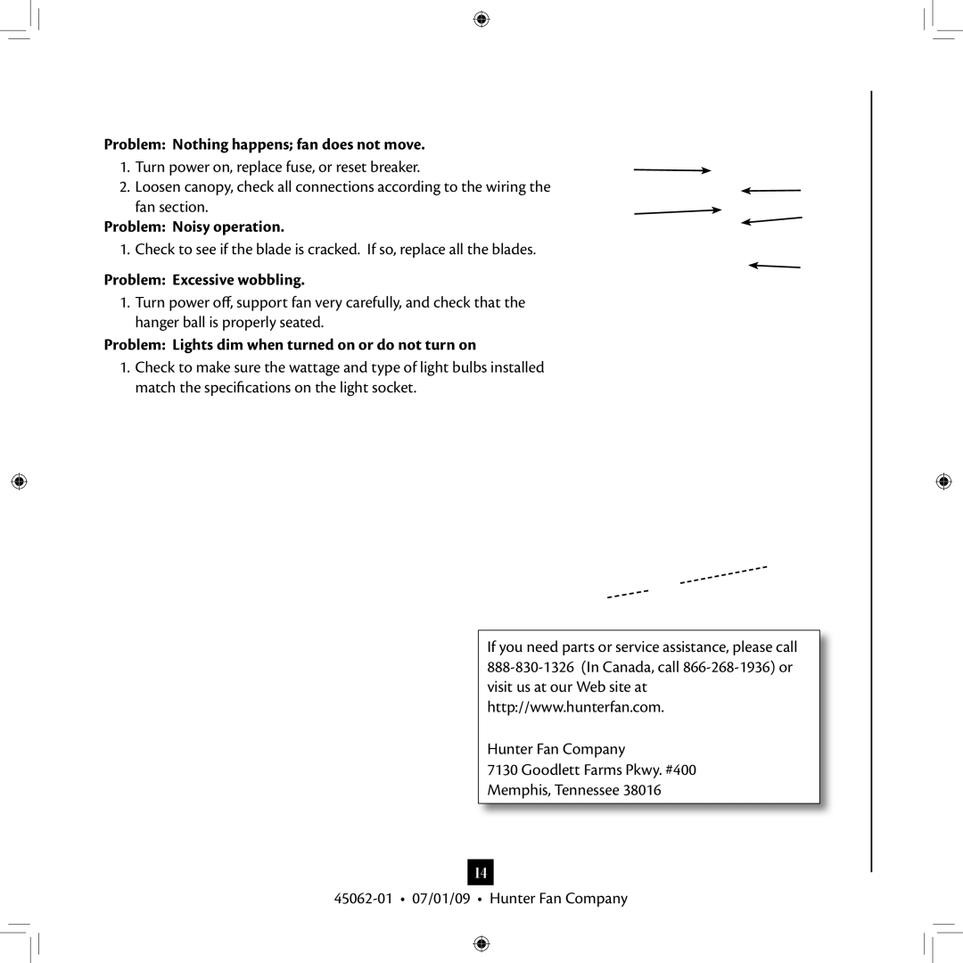 Hunter Fan 45062-01 installation manual Troubleshooting, Problem Nothing happens fan does not move, Problem Noisy operation 