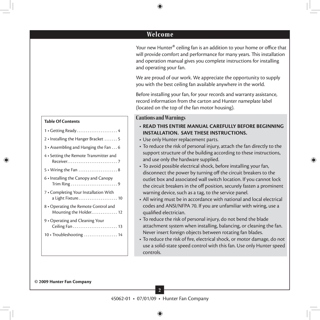 Hunter Fan 45062-01 installation manual Welcome 