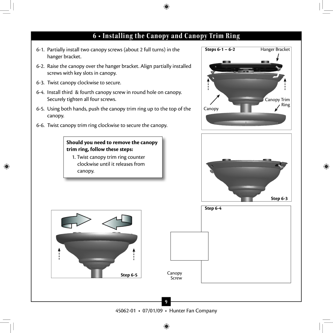 Hunter Fan 45062-01 installation manual Installing the Canopy and Canopy Trim Ring 