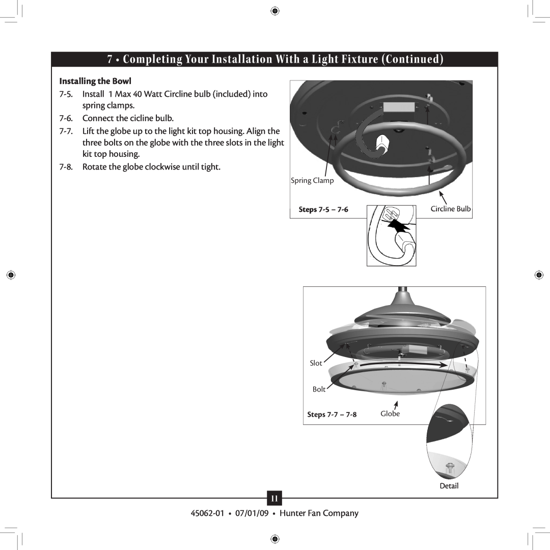 Hunter Fan 45062-01 installation manual Installing the Bowl 